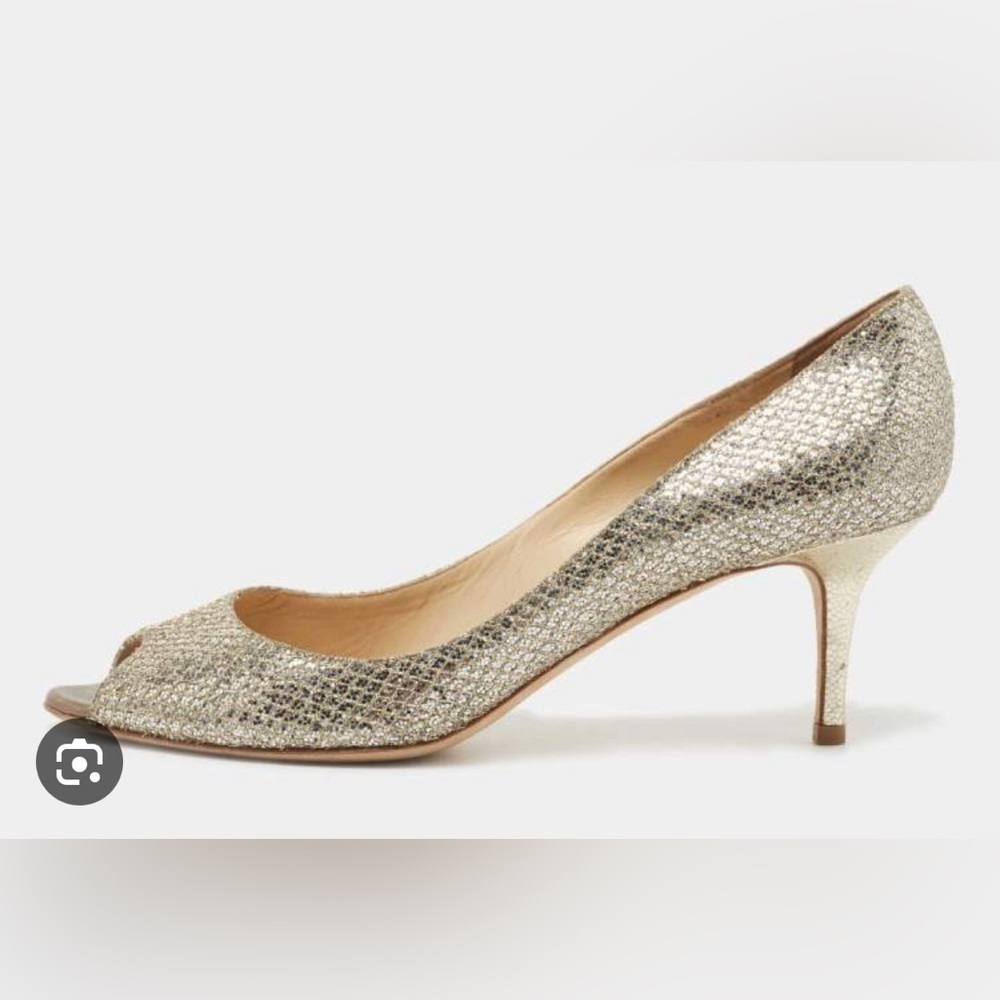 Jimmy Choo 38 gold kitten heel peep toe pumps